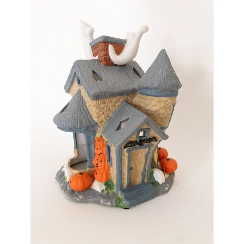 Ceramic Haunted House With Ghosts Halloween Decoration By PartyLite Tealight